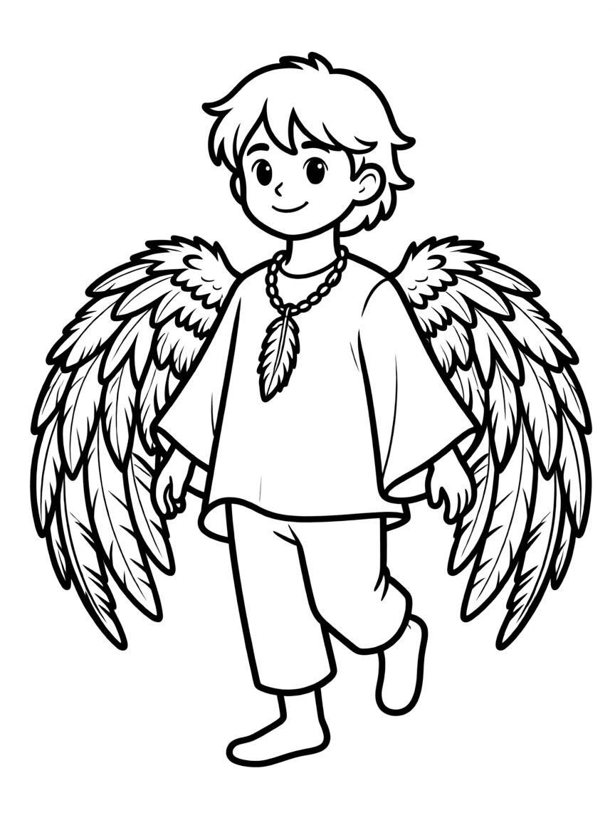 A bird-person with feathered arms and colorful plumage