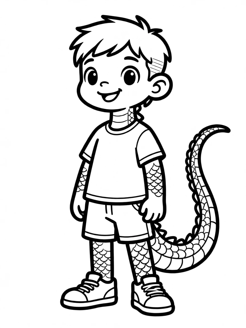 A reptilian character with scales and tail in modern outfit