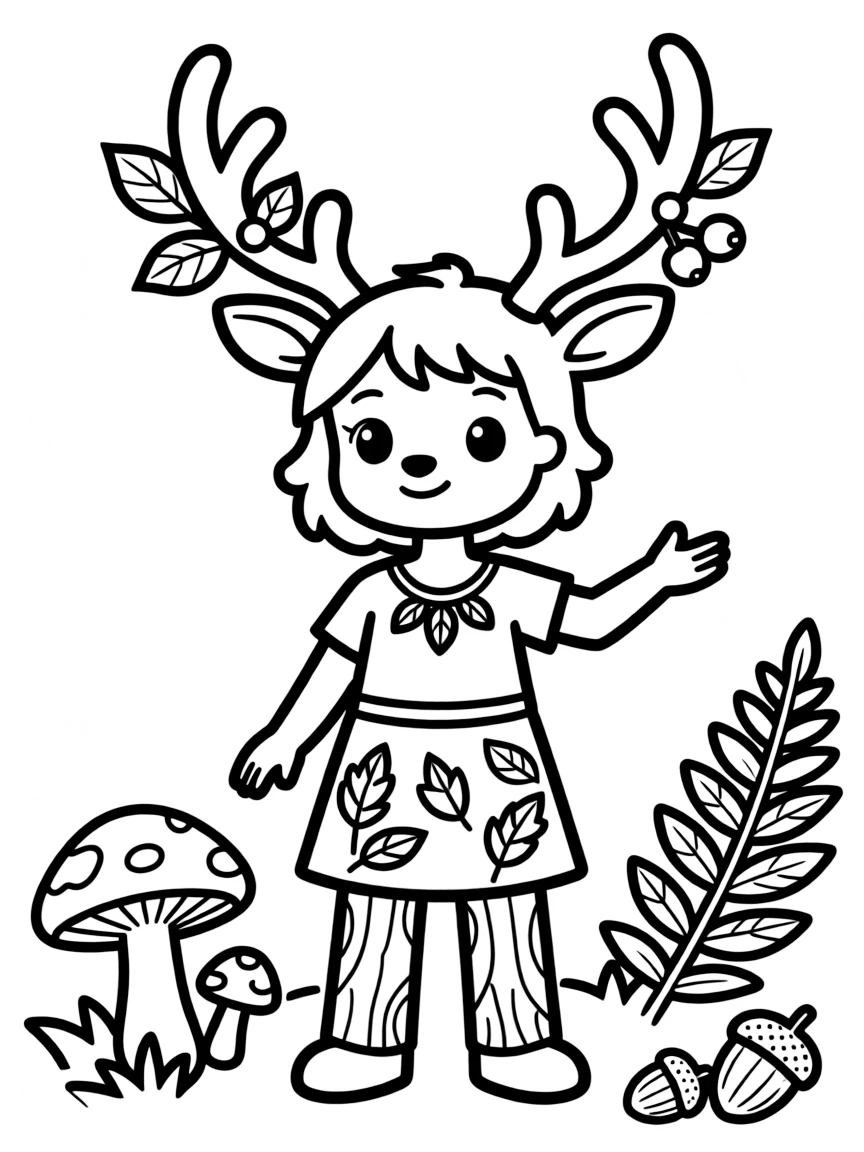 A deer-person with antlers and forest-themed clothing