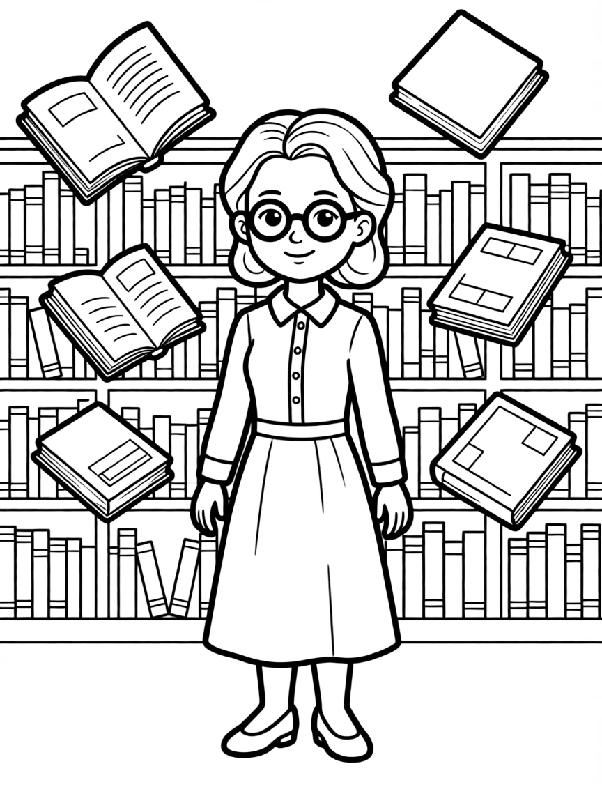 A magical librarian surrounded by floating books