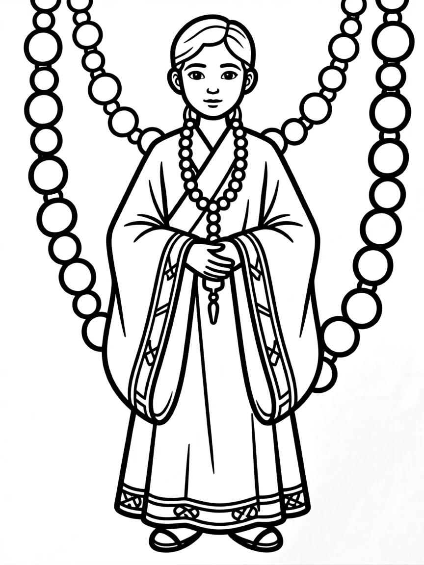 A spirit medium with ceremonial robes and prayer beads