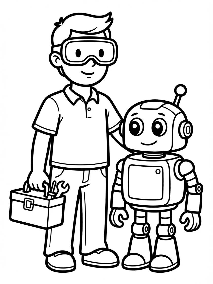 A robot repair technician with toolkit and diagnostic visor