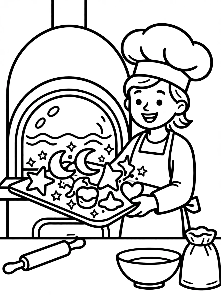 A magical baker creating enchanted pastries with glowing oven