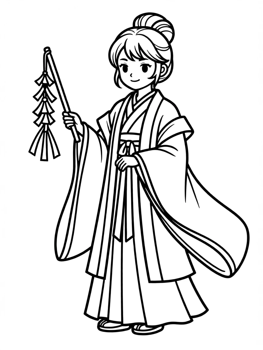 A shrine maiden with ceremonial robes and purification wand