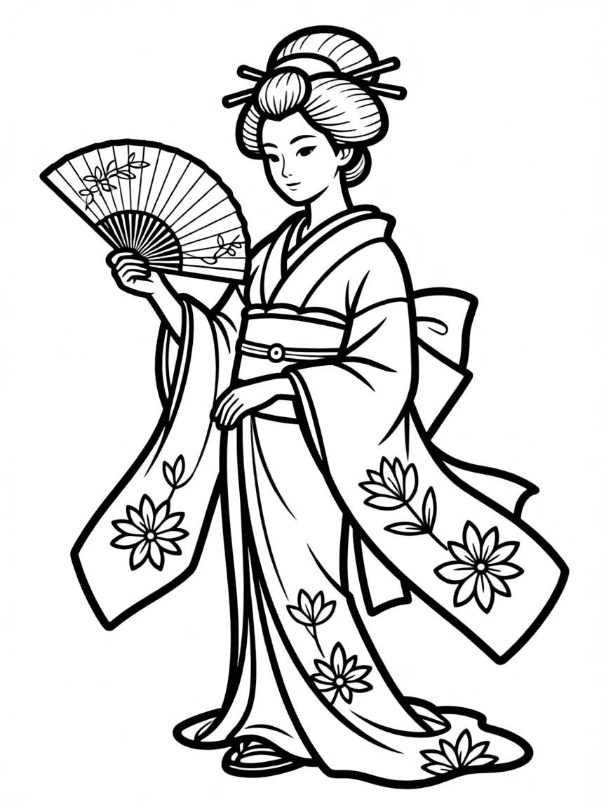 A geisha with ornate kimono and traditional fan
