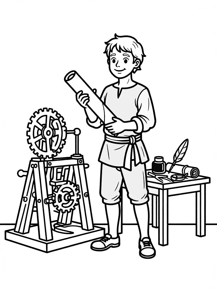 A Renaissance inventor with scrolls and experimental device