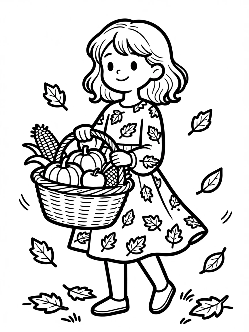 A fall harvest character with leaf-patterned clothes and basket