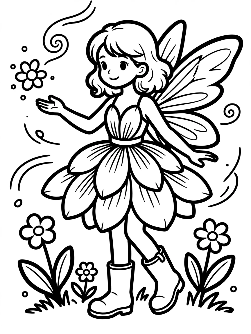 A spring flower fairy with petal dress and rain boots