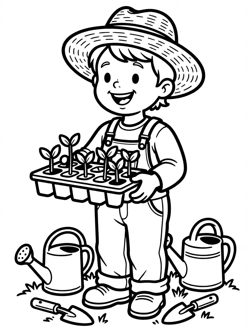 A spring gardener with straw hat and seedling tray