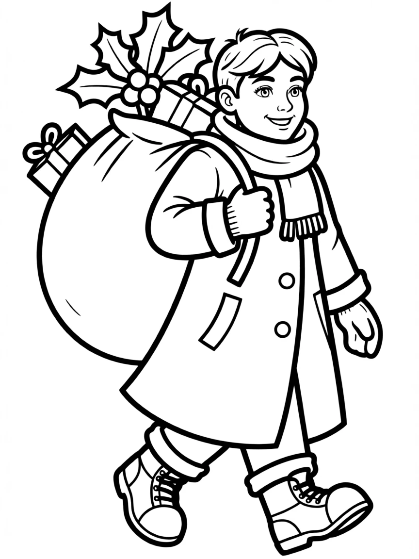A winter gift-giver with sack of presents and holly decoration