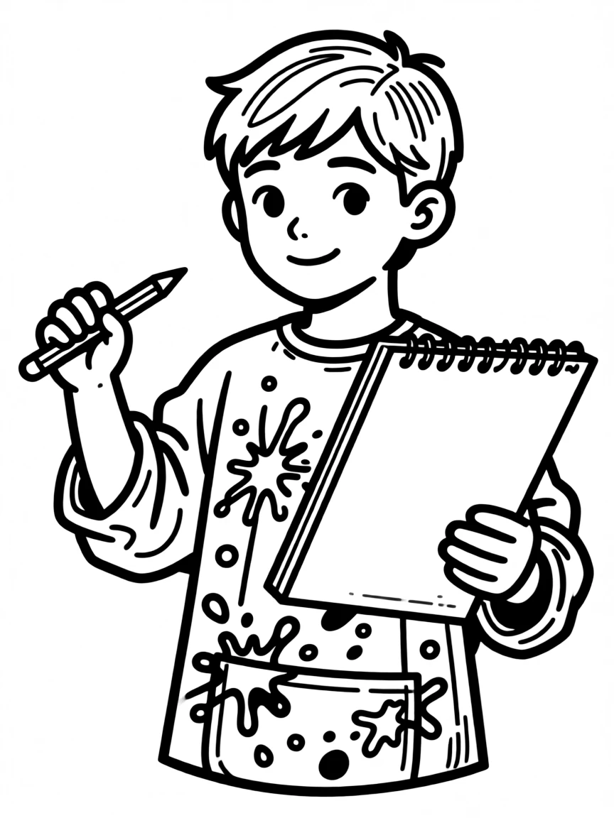 A artistic student with paint-splattered smock and sketchbook