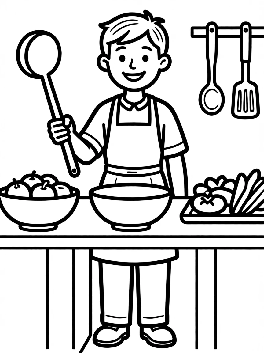 A friendly cafeteria worker with ladle and cheerful smile