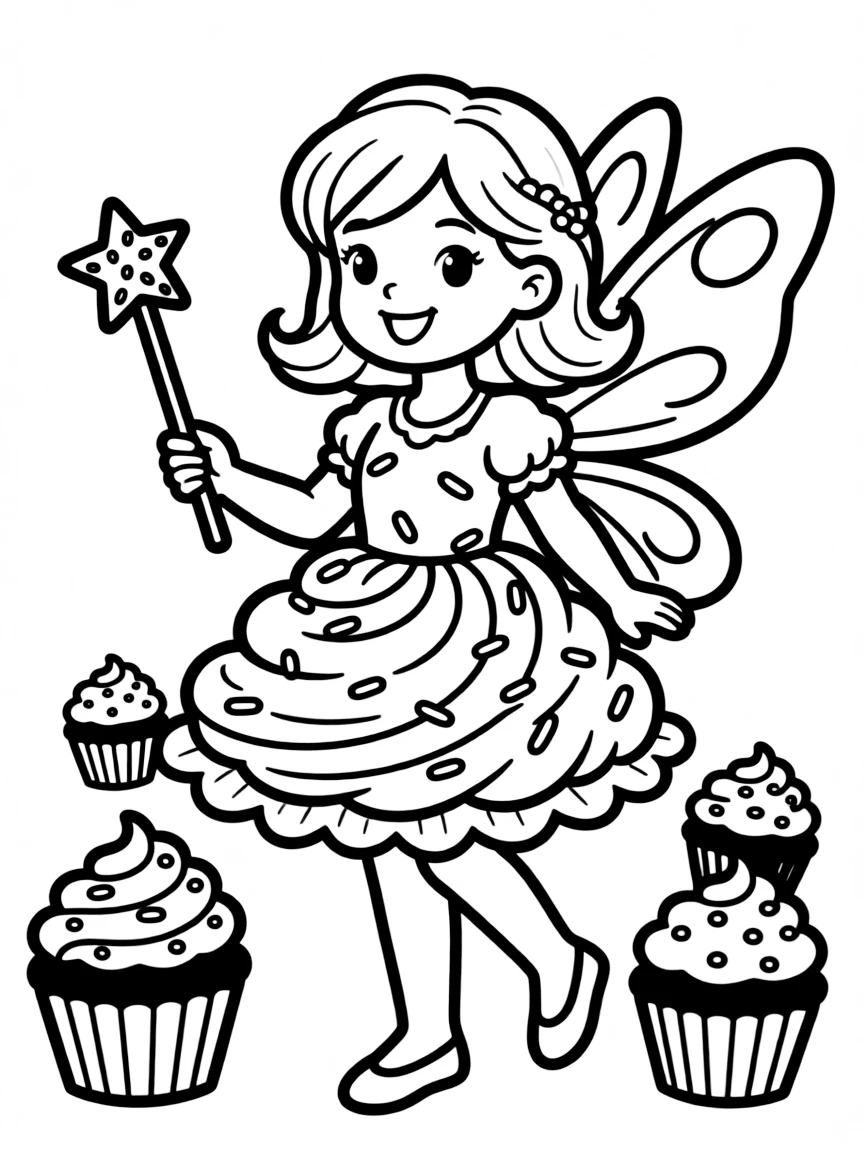 A cupcake fairy with frosting dress and sprinkle wand