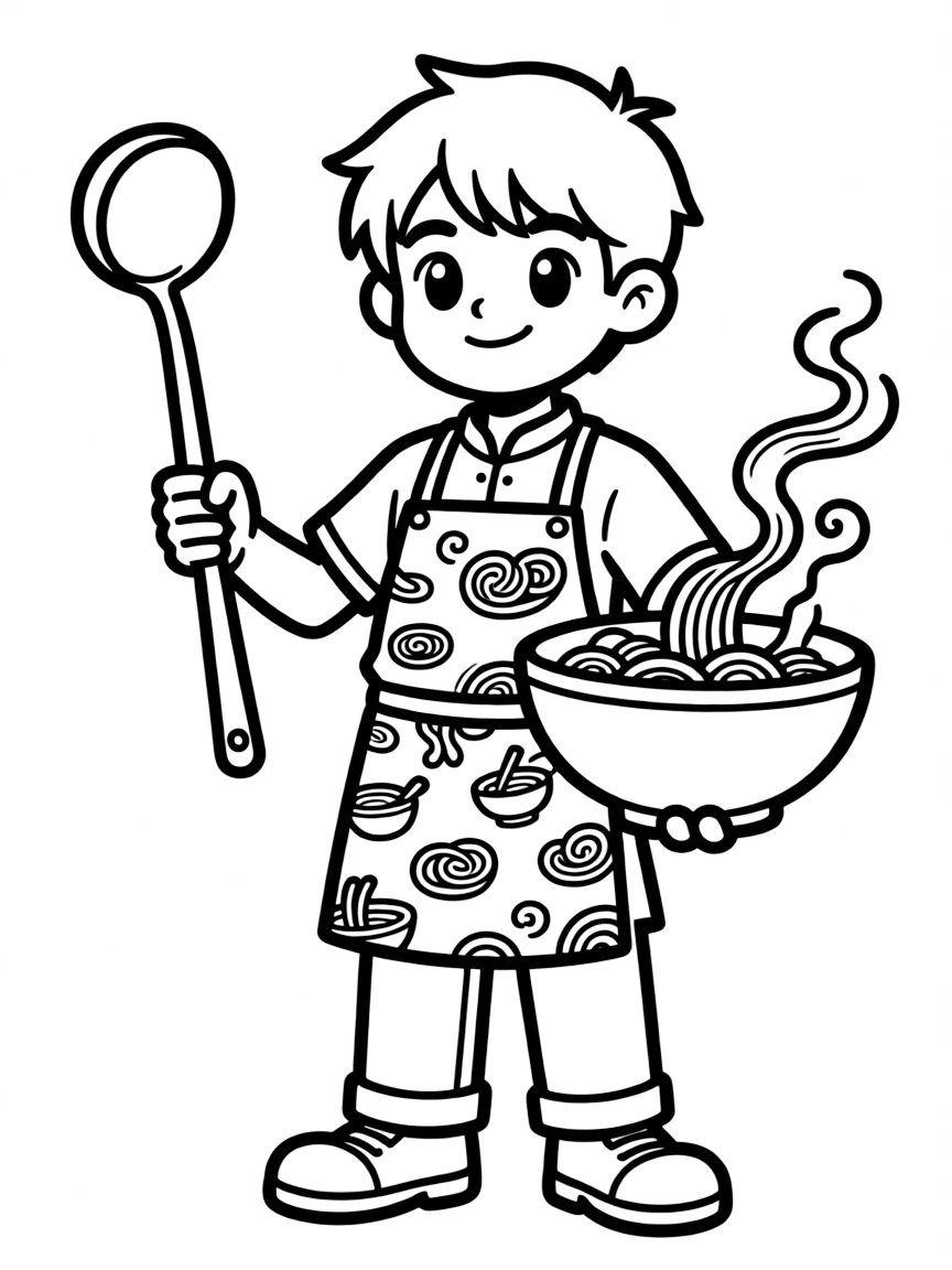 A ramen chef with noodle-themed clothing and soup ladle