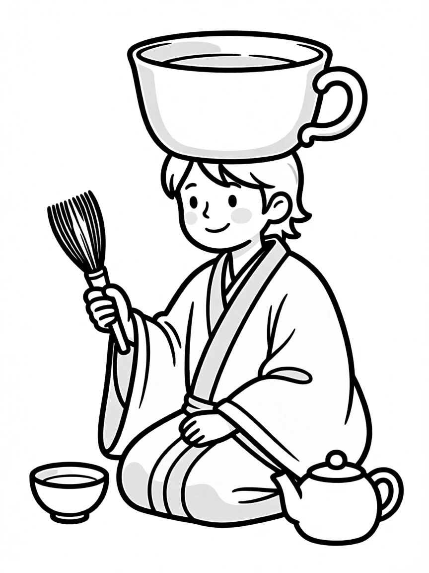 A tea ceremony master with teacup hat and ceremonial whisk