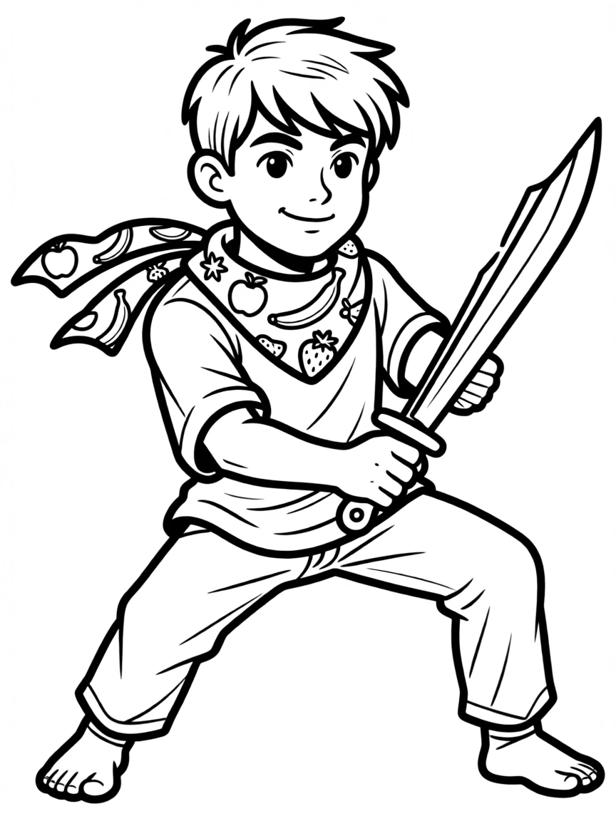 A fruit ninja with produce-patterned scarf and knife