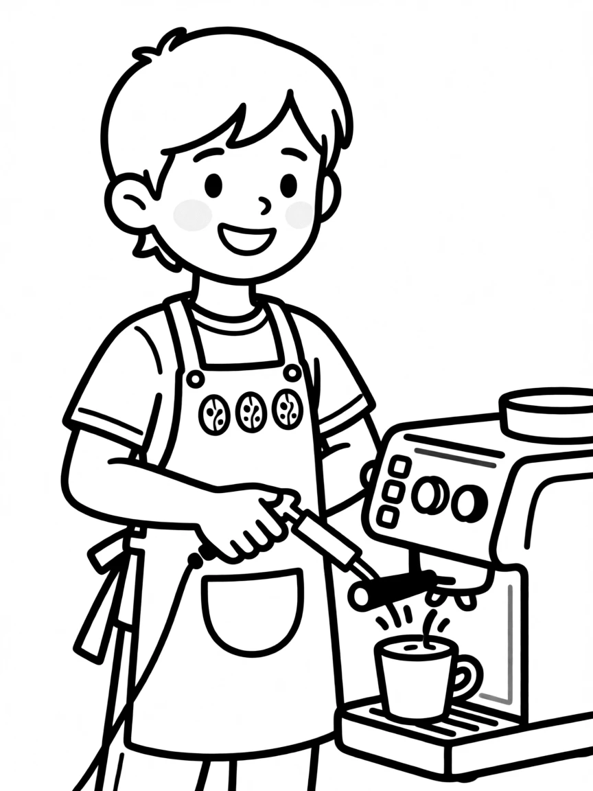 A coffee barista with bean-shaped pins and steam wand