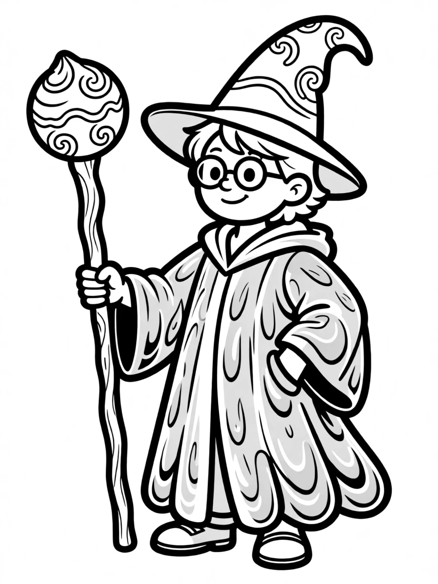 A chocolate wizard with cocoa-colored robes and truffle staff