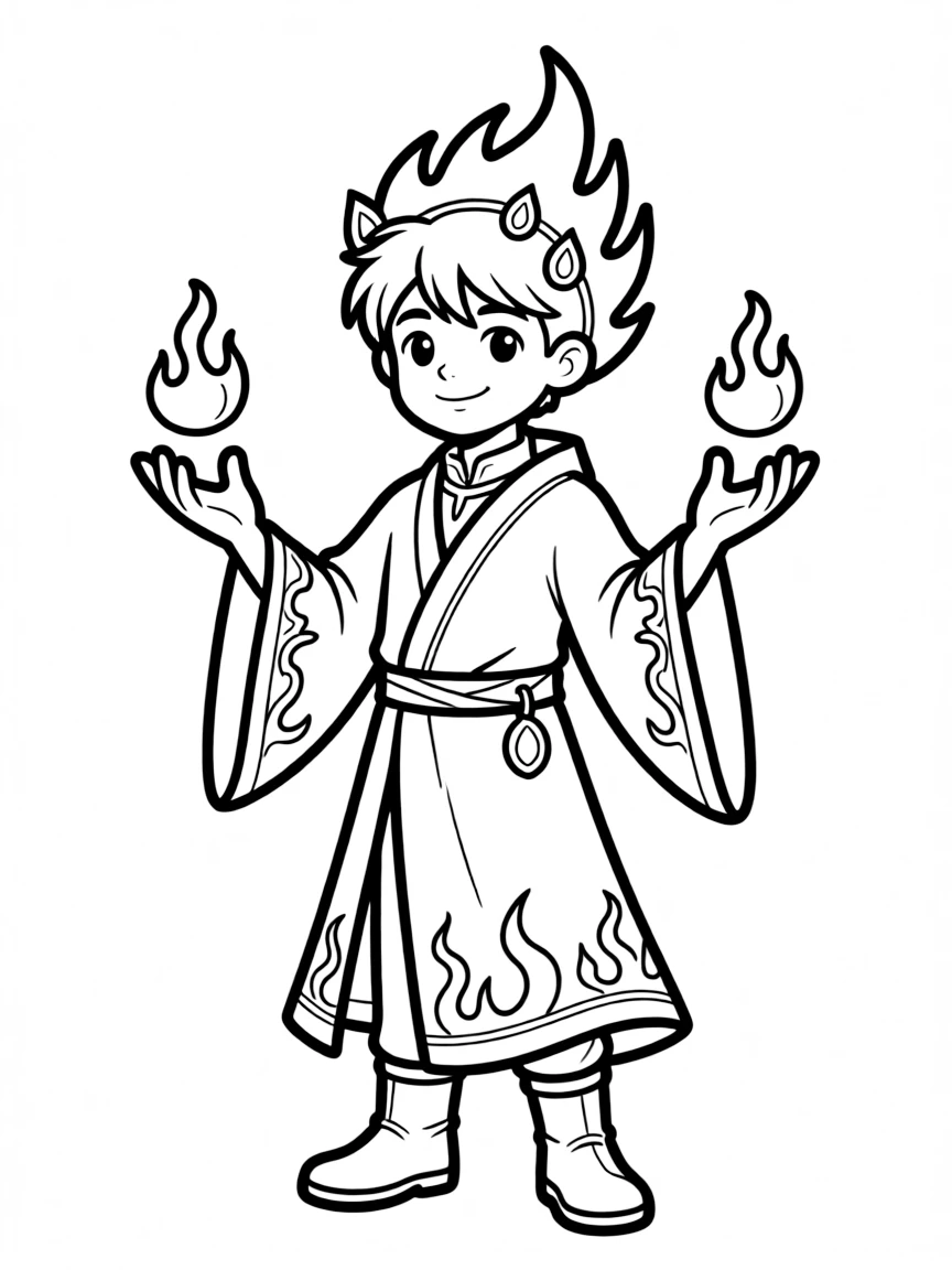 A fire mage with flame-shaped hair and ember accessories