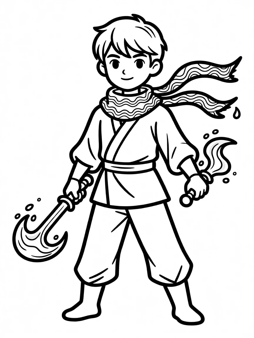 A water ninja with wave-patterned scarf and liquid weapons
