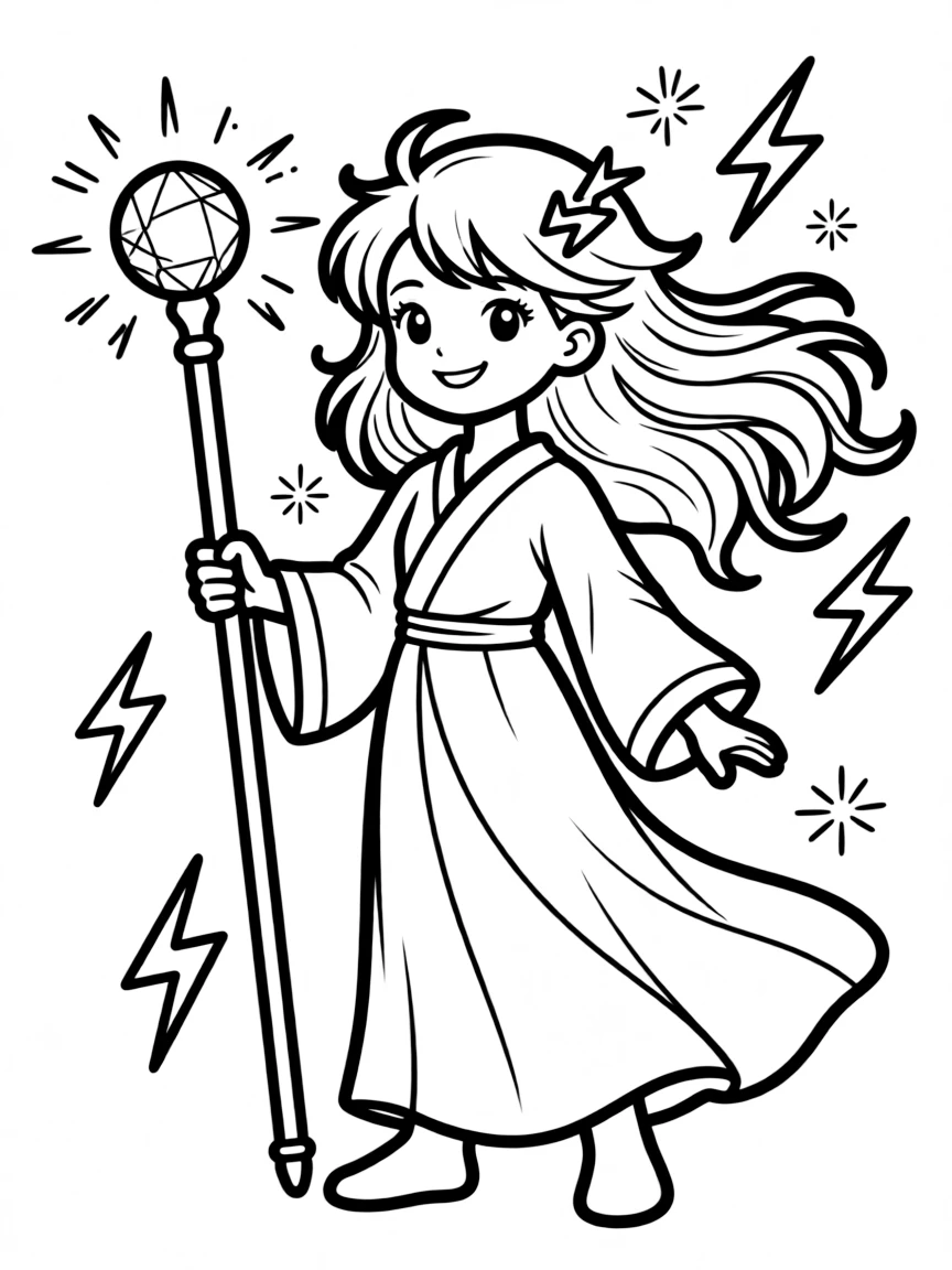 A lightning sorceress with electric hair and charged staff