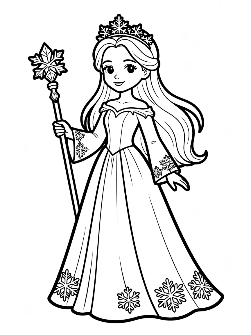 An ice princess with snowflake tiara and frozen scepter