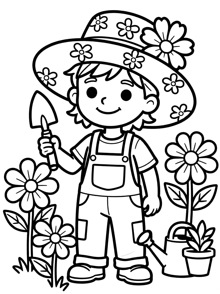 A gardener with flower-themed hat and trowel