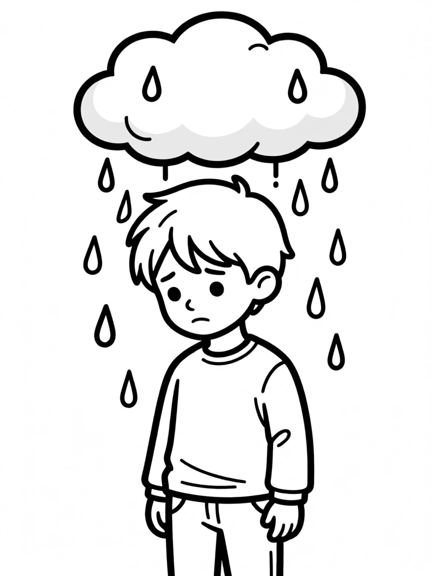 A melancholy character with rain cloud overhead