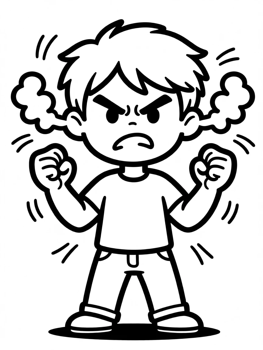 An angry character with steam from ears and clenched fists