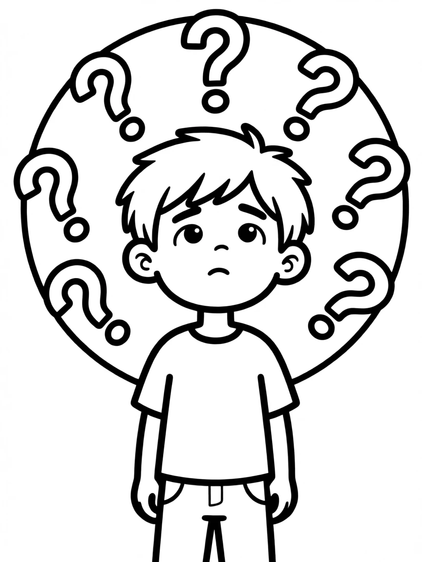 A confused character with question marks circling head