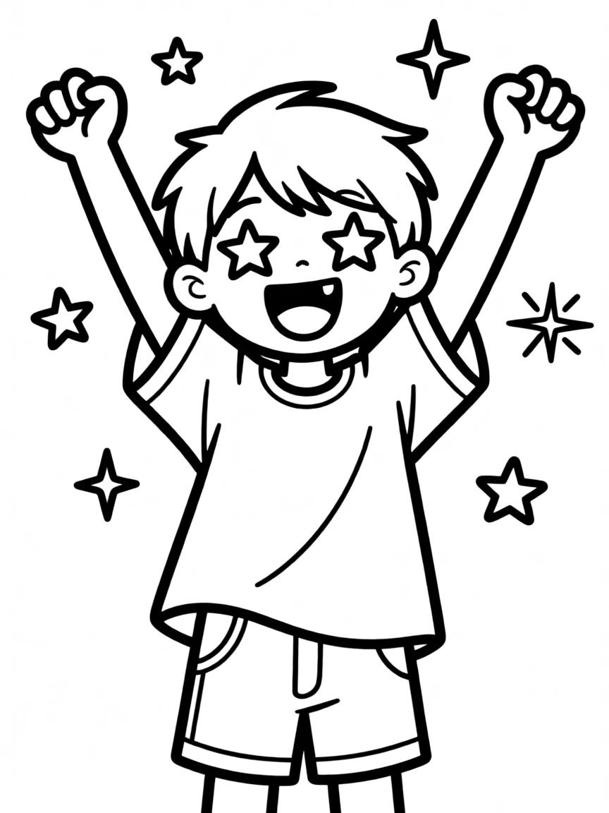 An excited character with star-shaped eyes and raised arms
