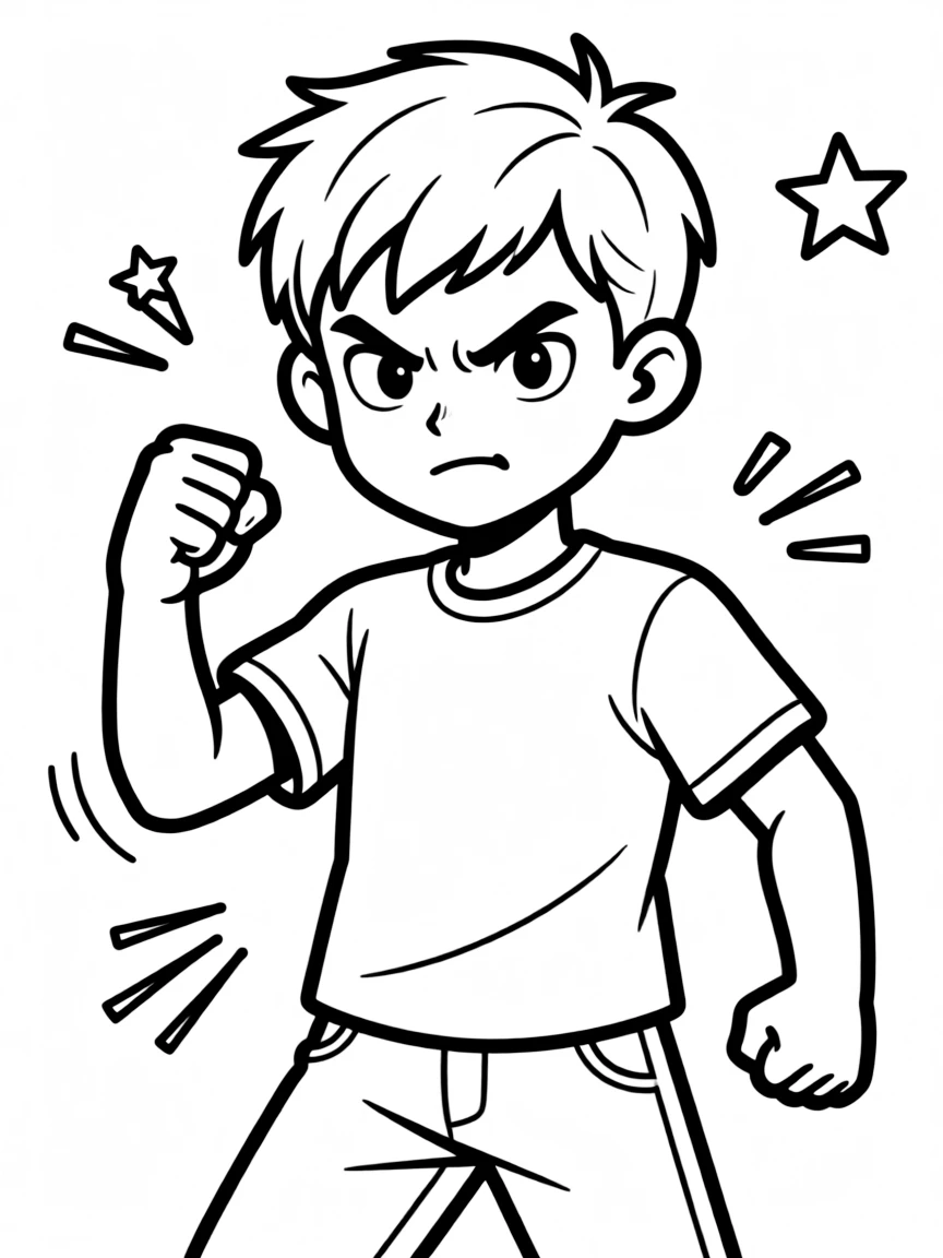 A determined character with fierce expression and clenched fist