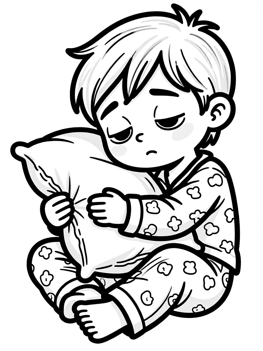 A sleepy character with droopy eyes and pillow