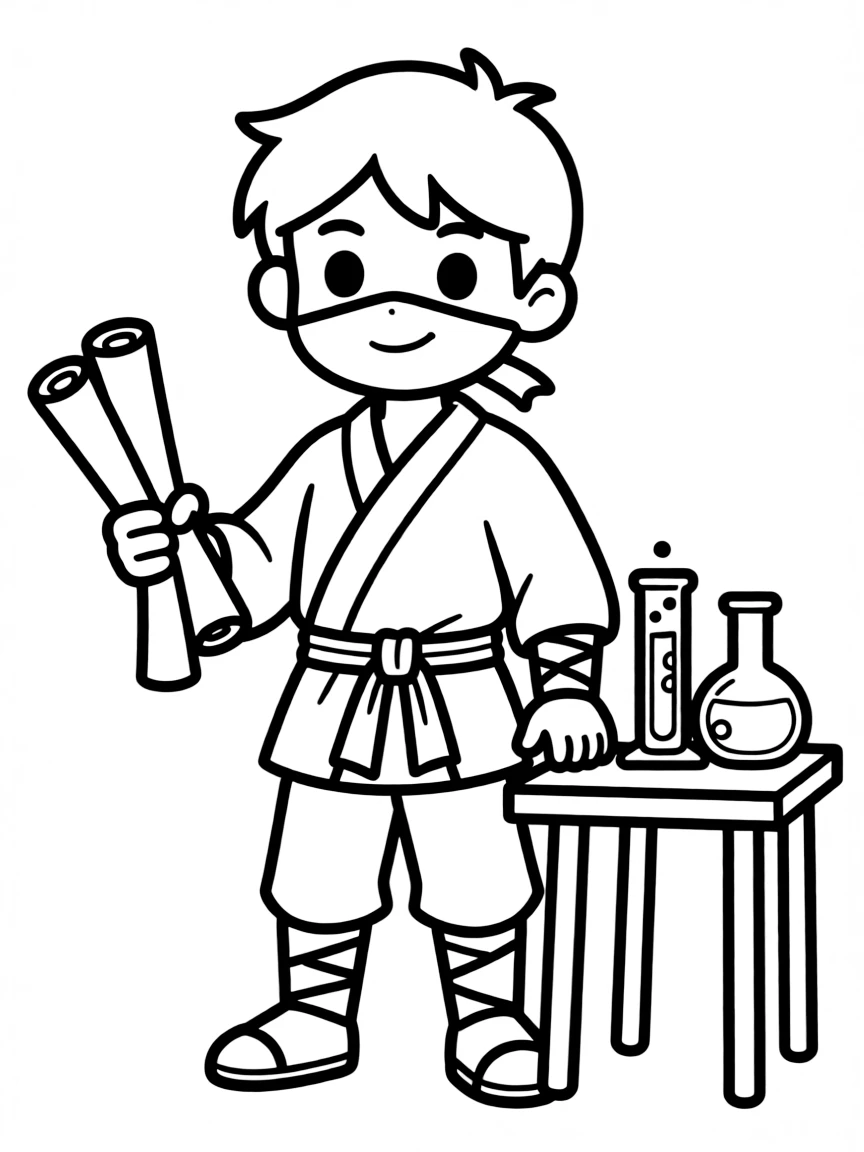 A ninja scientist with scrolls and lab equipment