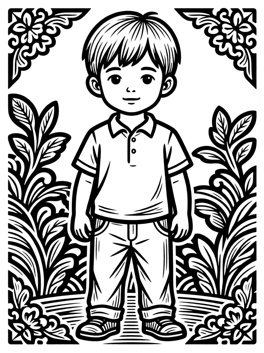A woodblock print character with strong outlines and patterns