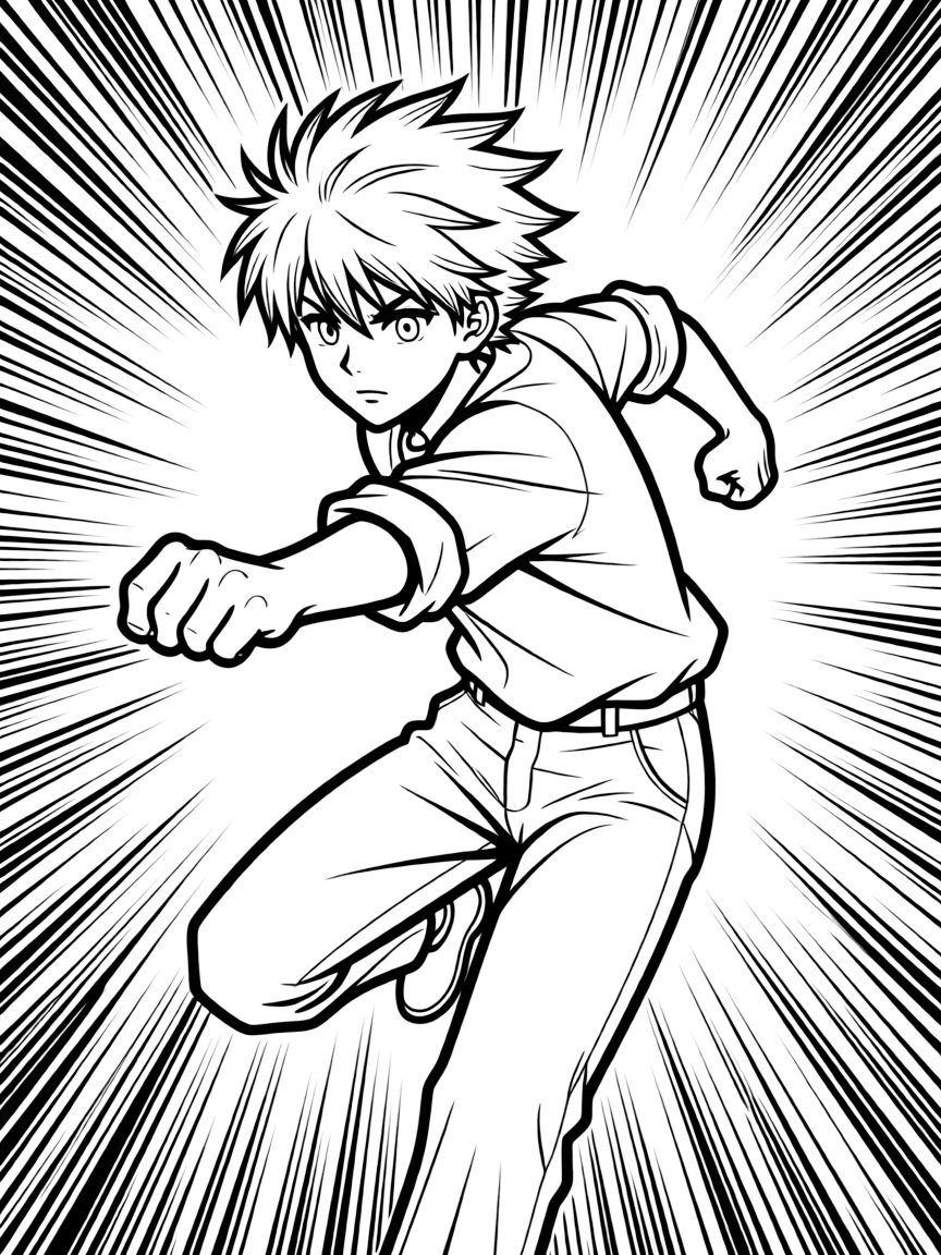 A manga-style character with speed lines and action pose