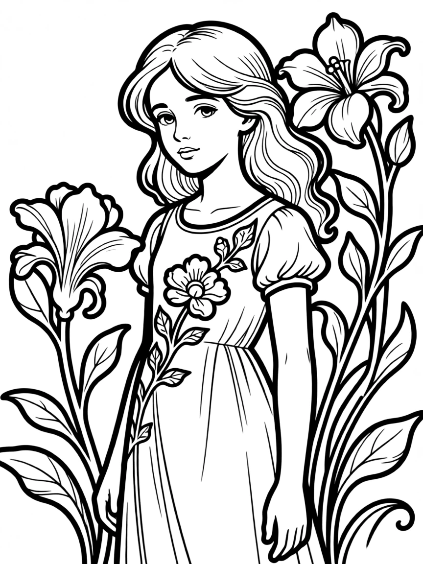 An art nouveau character with flowing lines and floral motifs