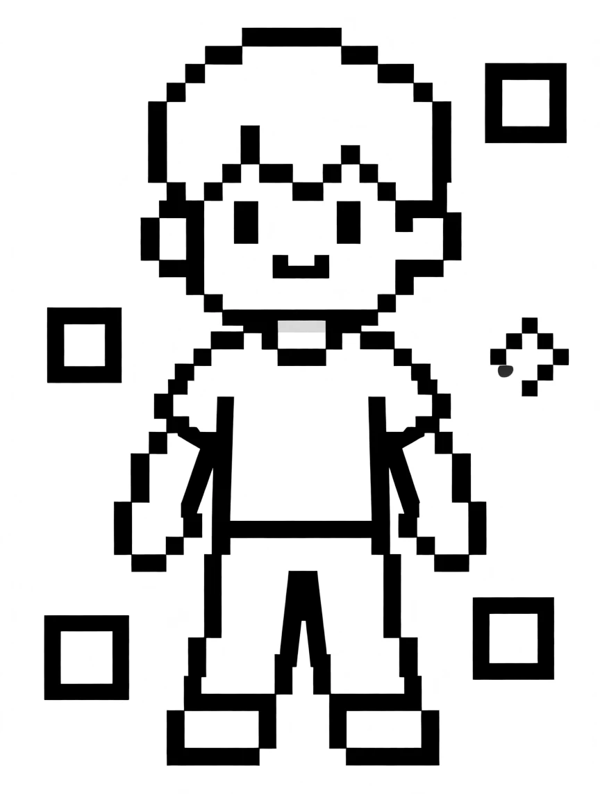 A pixel art character with visible square elements