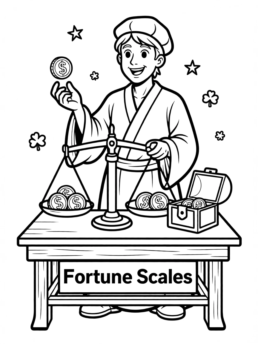 A luck merchant with fortune scales and chance coins
