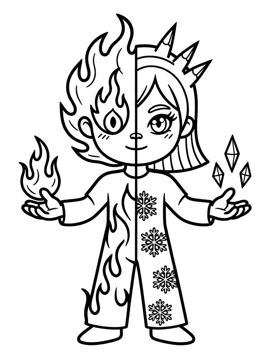 Half-fire, half-ice character with temperature divide