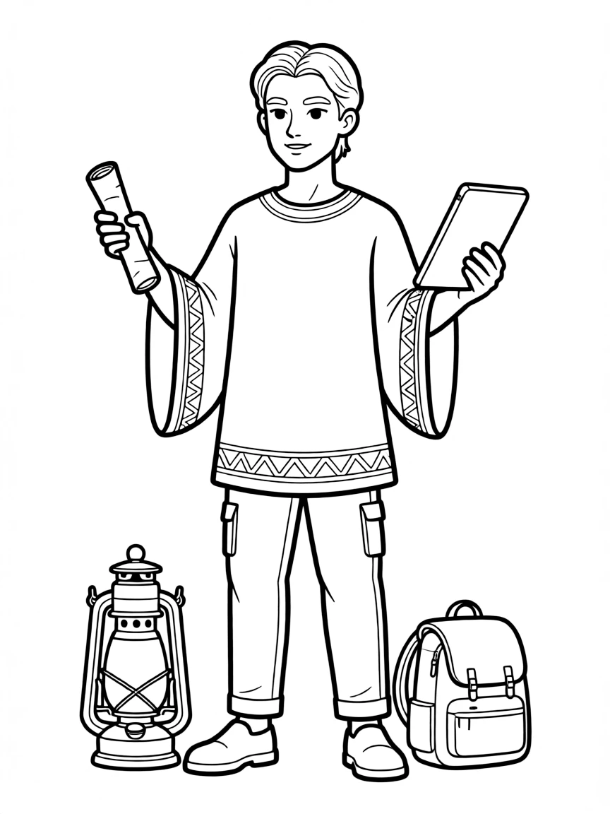 Half-modern, half-ancient character with mixed time period clothing