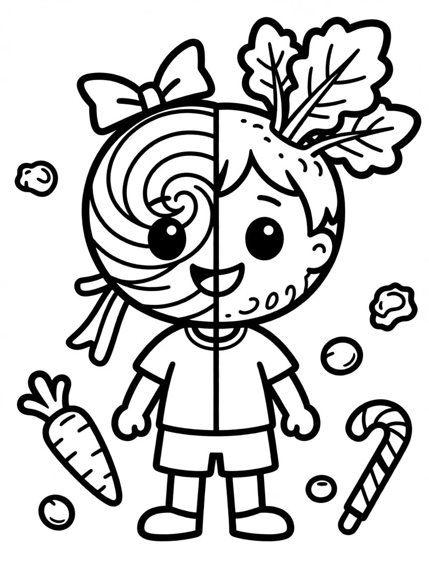 Half-candy, half-vegetable character with sweet and healthy sides