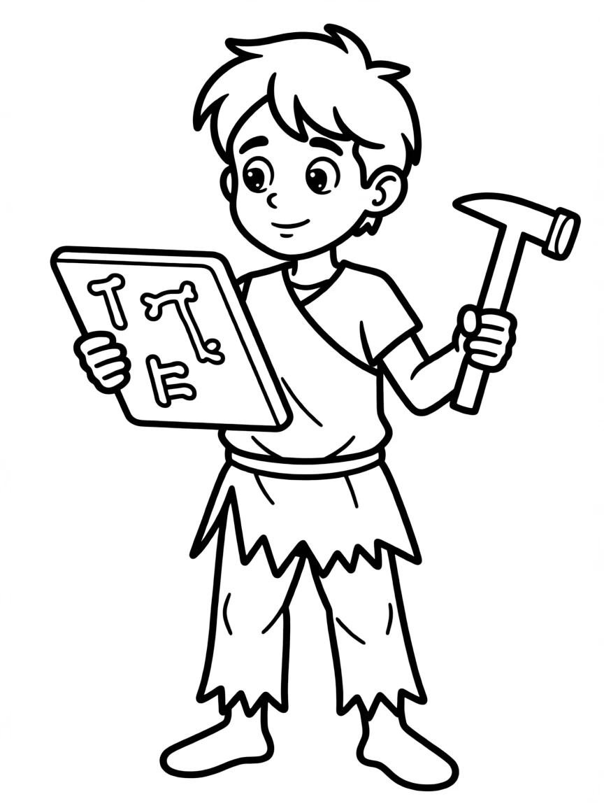 A prehistoric scientist with stone tablet computer and bone tools