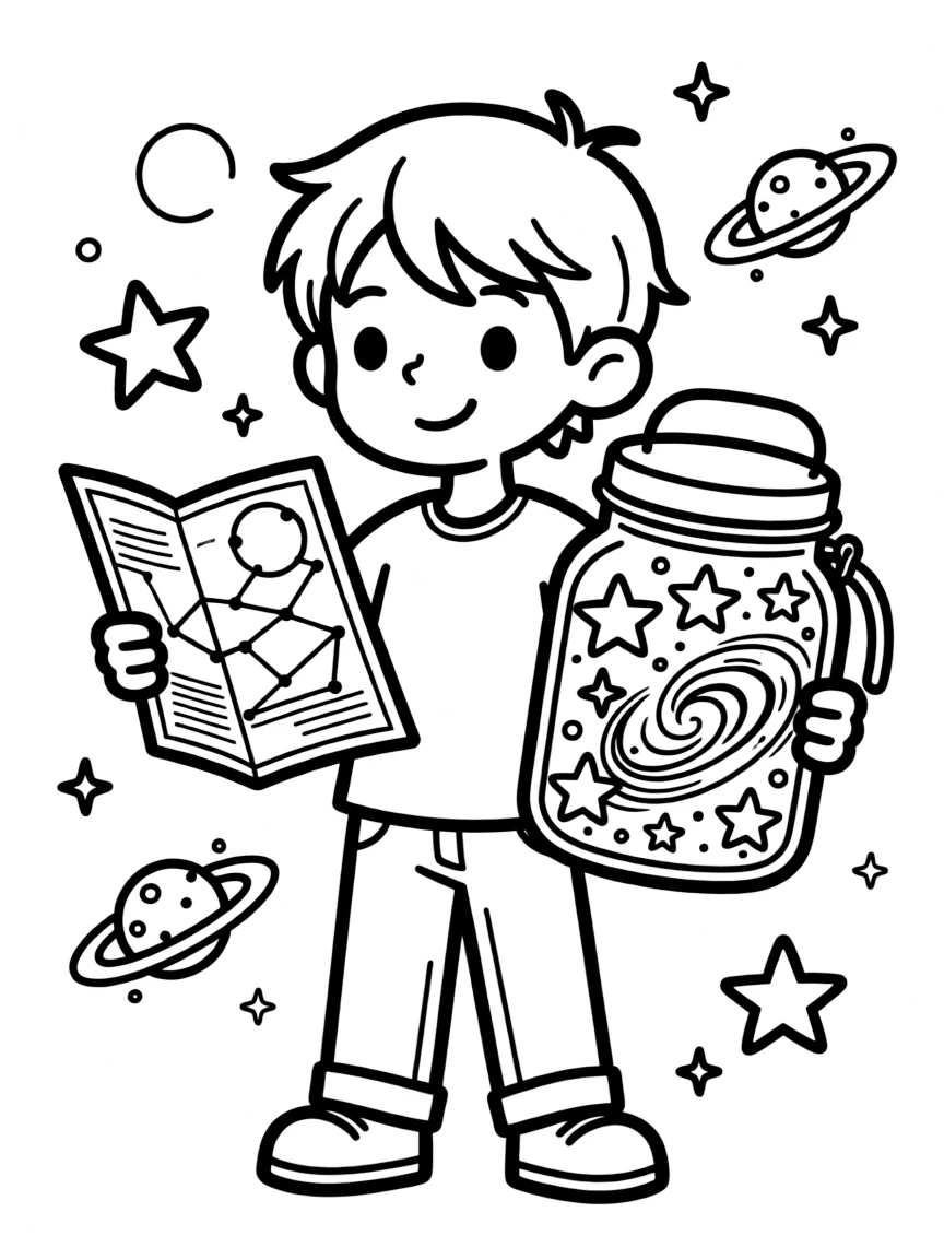 A star collector with constellation map and galaxy jar
