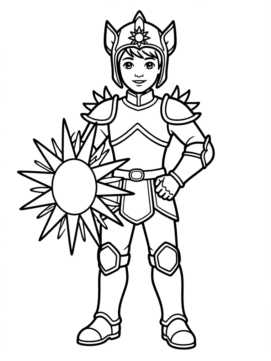 A solar knight with sun-shaped shield and radiant armor