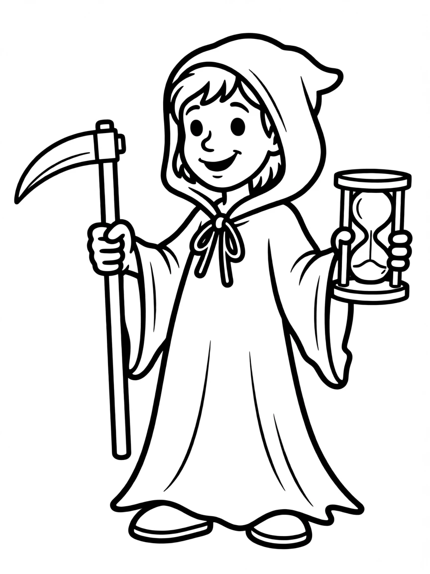 A friendly grim reaper with cute scythe and hourglass