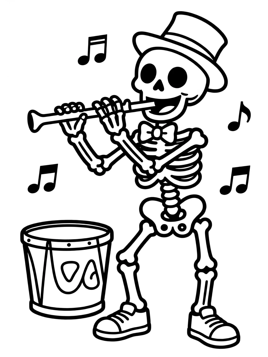 A cheerful skeleton musician with bone instruments