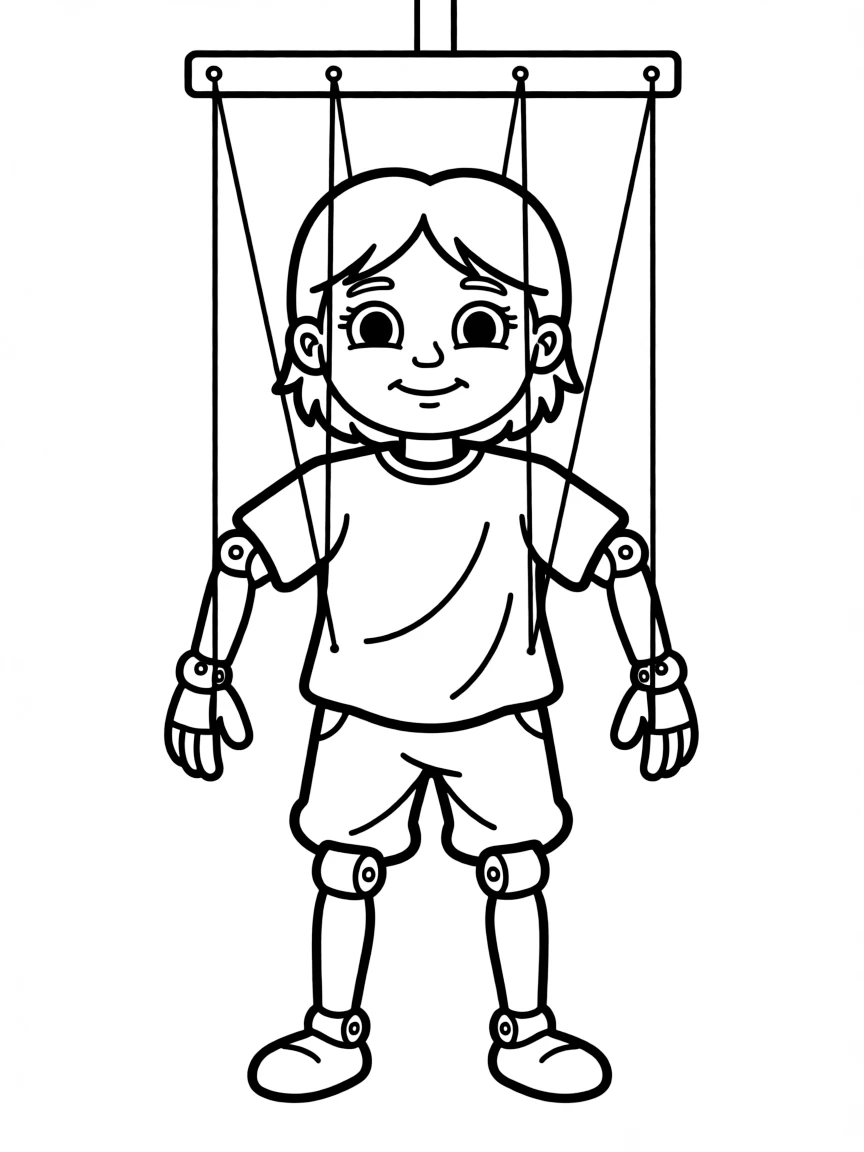 A puppet character with visible strings and wooden joints