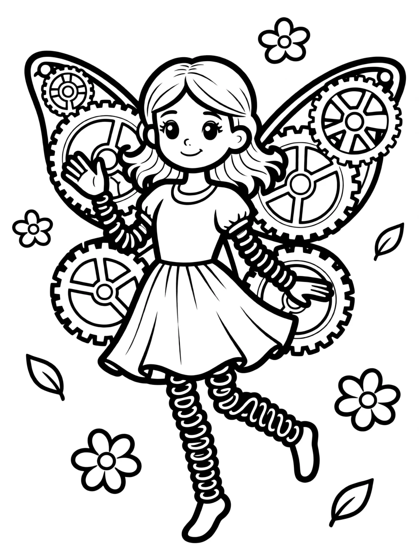 A clockwork fairy with gear wings and spring limbs