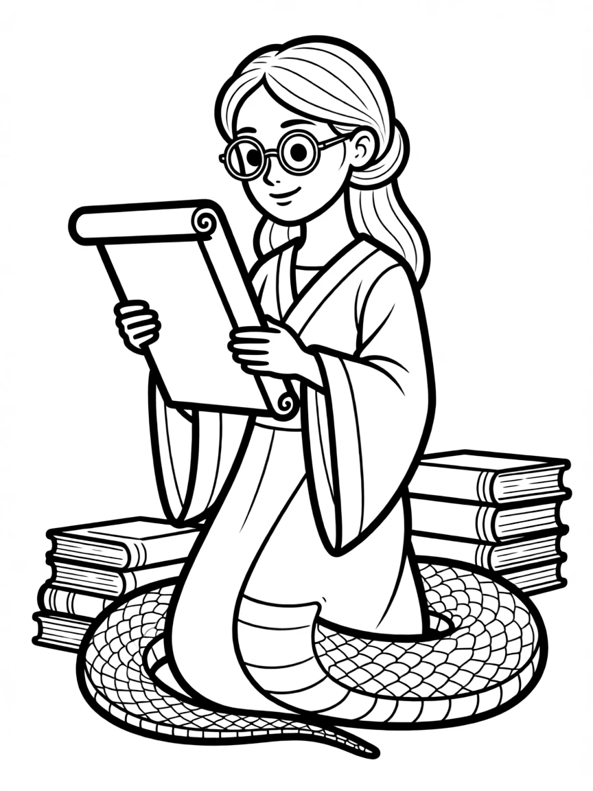 A lamia scholar with scroll and spectacles